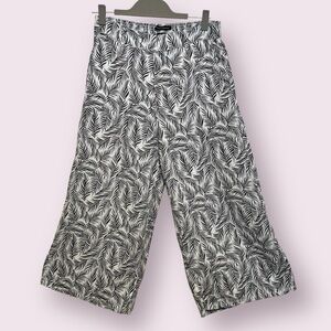 Tahari Linen Tropical Leaf Print Crop Wide Leg Pull On Pants Black White Large